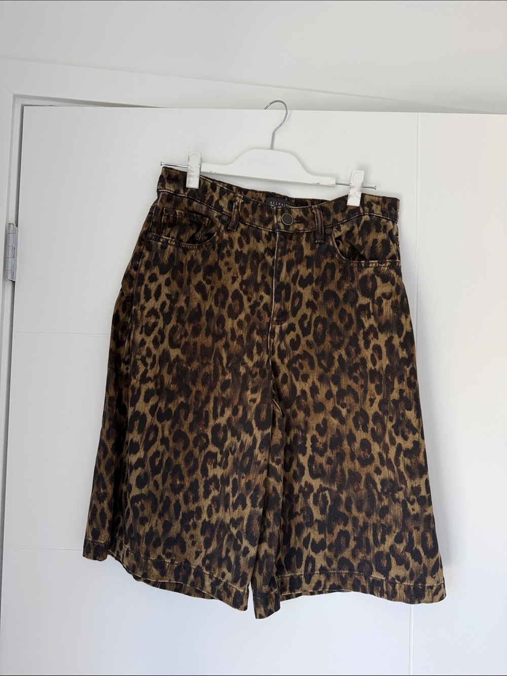 AllSaints Leopard Print Denim Louie Long Shorts - Picture 7 of 9